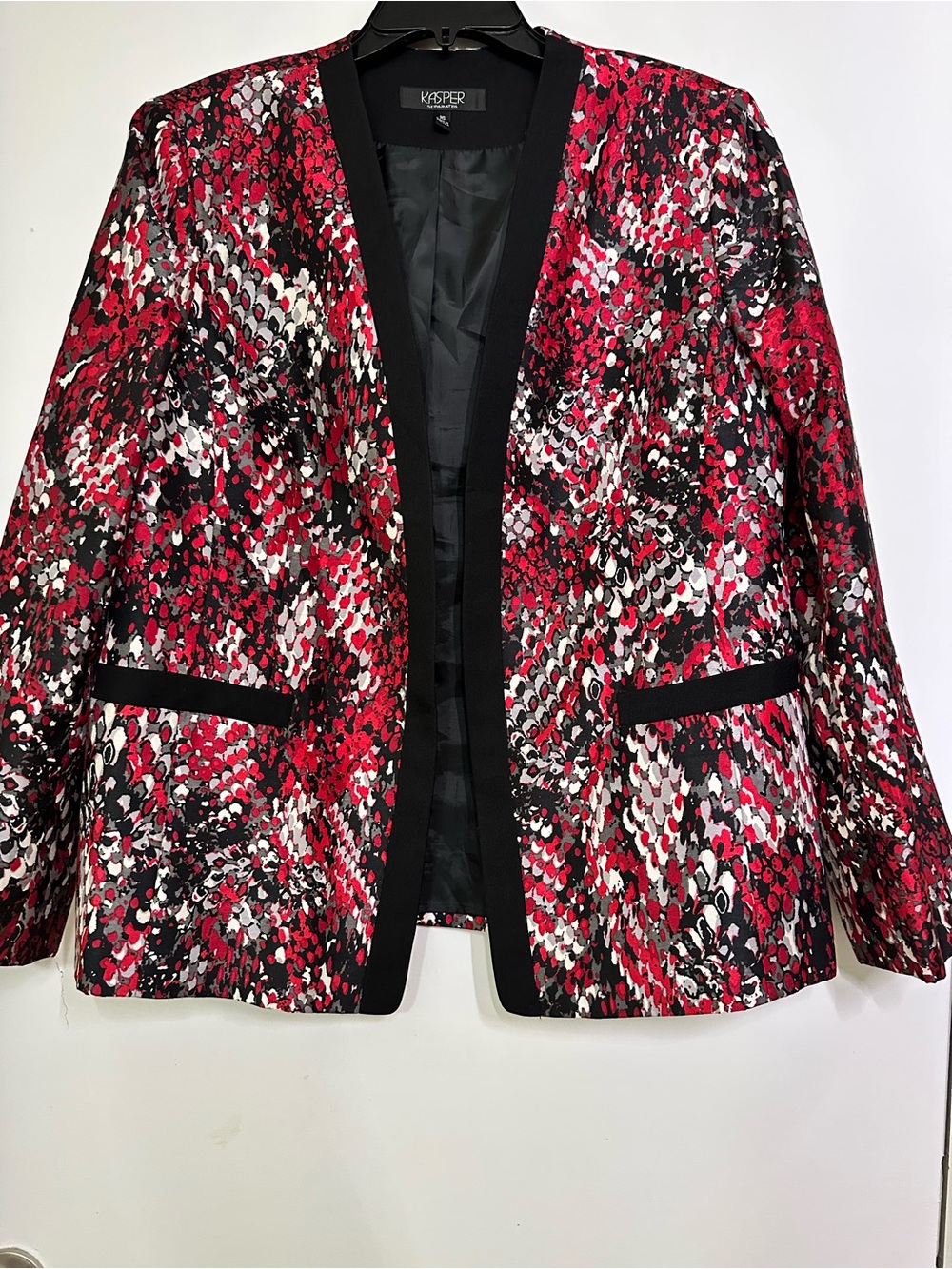 Kasper Red, Black & White Patterned Open-Front Blazer